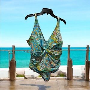 Lauren Ralph Lauren Blue and Green One Piece with Twisted Bodice swimsuit  20W